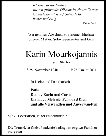 Anzeige von Karin Mourkojannis von Kölner Stadt-Anzeiger / Kölnische Rundschau / Express