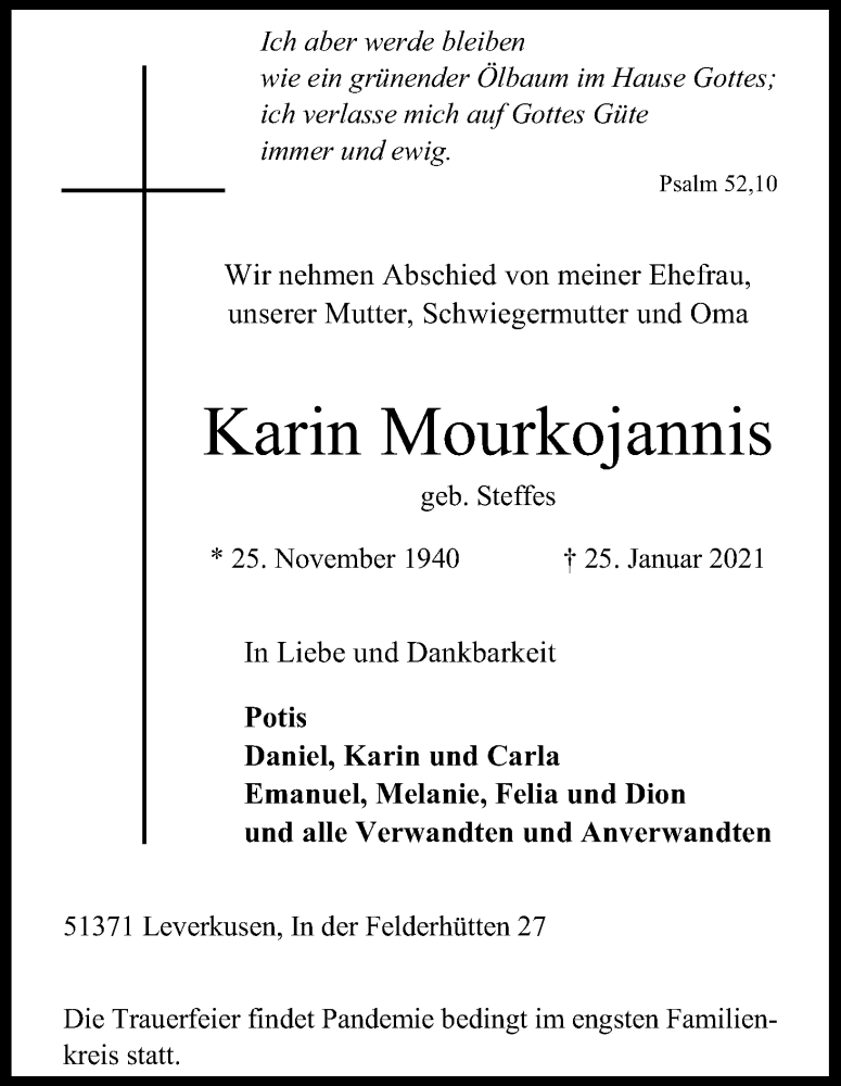  Traueranzeige für Karin Mourkojannis vom 30.01.2021 aus Kölner Stadt-Anzeiger / Kölnische Rundschau / Express