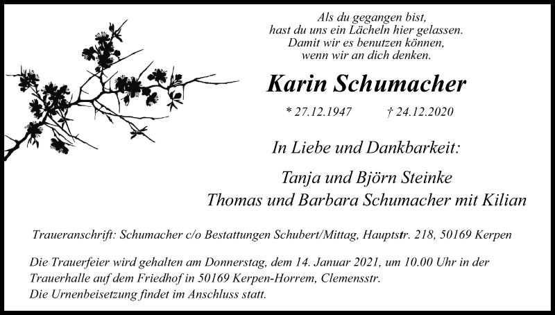  Traueranzeige für Karin Schumacher vom 09.01.2021 aus Kölner Stadt-Anzeiger / Kölnische Rundschau / Express