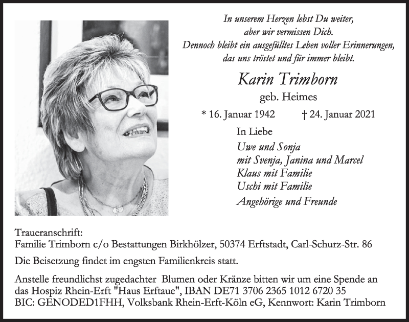  Traueranzeige für Karin Trimborn vom 29.01.2021 aus  Werbepost 
