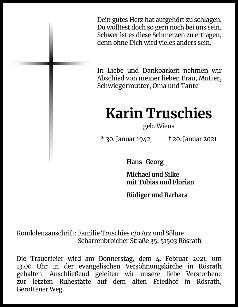  Traueranzeige für Karin Truschies vom 30.01.2021 aus Kölner Stadt-Anzeiger / Kölnische Rundschau / Express