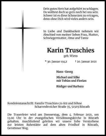 Anzeige von Karin Truschies von Kölner Stadt-Anzeiger / Kölnische Rundschau / Express