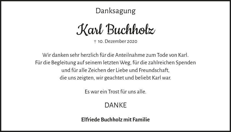  Traueranzeige für Karl Buchholz vom 22.01.2021 aus  Bergisches Handelsblatt 