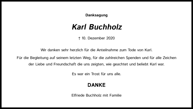  Traueranzeige für Karl Buchholz vom 23.01.2021 aus Kölner Stadt-Anzeiger / Kölnische Rundschau / Express
