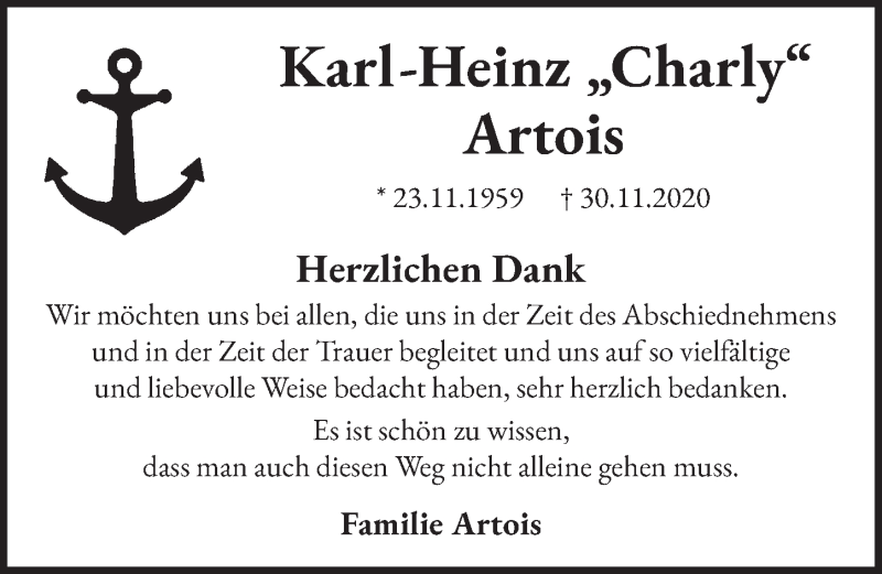  Traueranzeige für Karl-Heinz  Artois vom 22.01.2021 aus  Schaufenster/Blickpunkt 