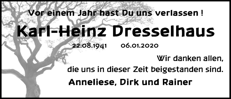  Traueranzeige für Karl-Heinz Dresselhaus vom 06.01.2021 aus Kölner Stadt-Anzeiger / Kölnische Rundschau / Express