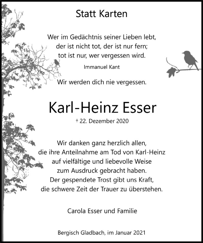  Traueranzeige für Karl-Heinz Esser vom 22.01.2021 aus  Bergisches Handelsblatt 