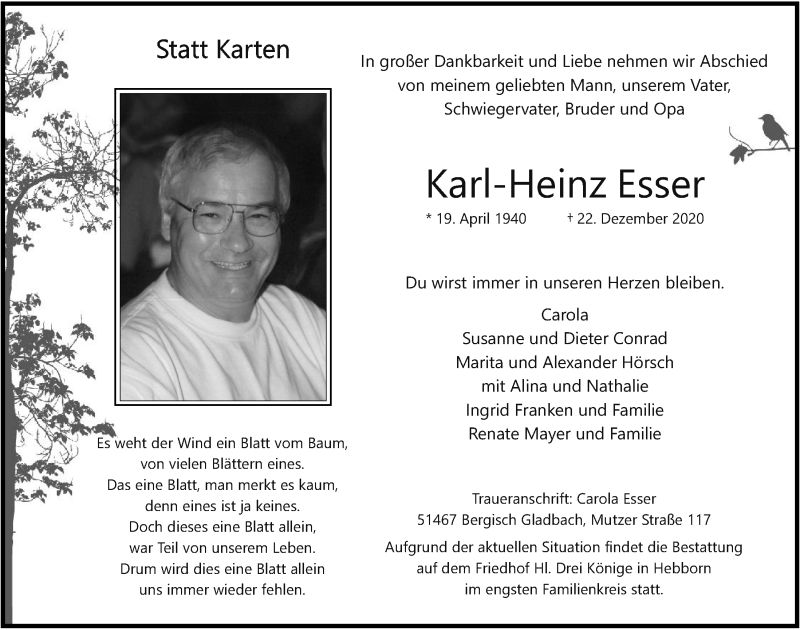  Traueranzeige für Karl-Heinz Esser vom 02.01.2021 aus  Bergisches Handelsblatt 