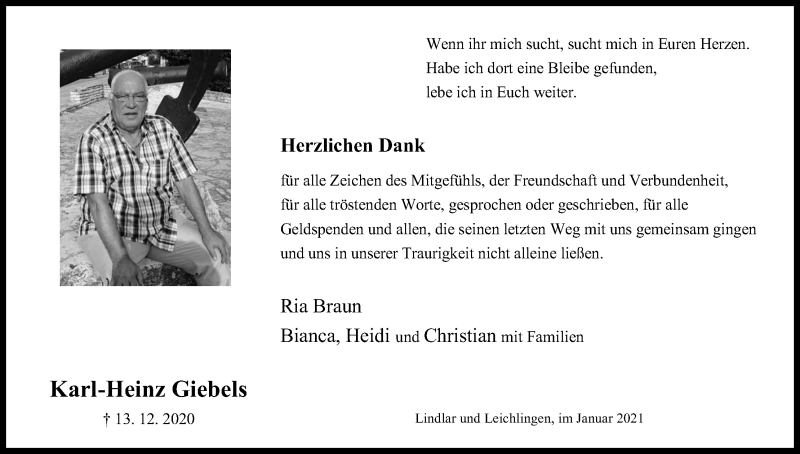  Traueranzeige für Karl-Heinz Giebels vom 30.01.2021 aus Kölner Stadt-Anzeiger / Kölnische Rundschau / Express