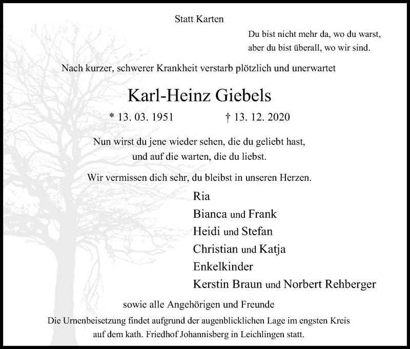  Traueranzeige für Karl-Heinz Giebels vom 09.01.2021 aus Kölner Stadt-Anzeiger / Kölnische Rundschau / Express