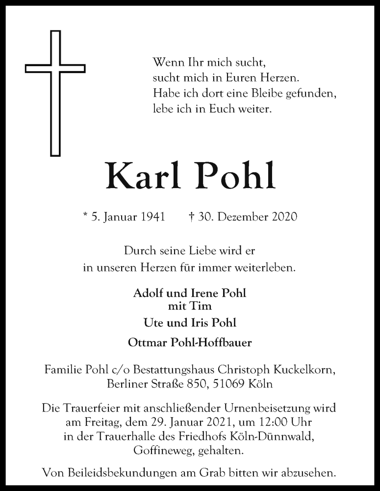  Traueranzeige für Karl Pohl vom 27.01.2021 aus Kölner Stadt-Anzeiger / Kölnische Rundschau / Express