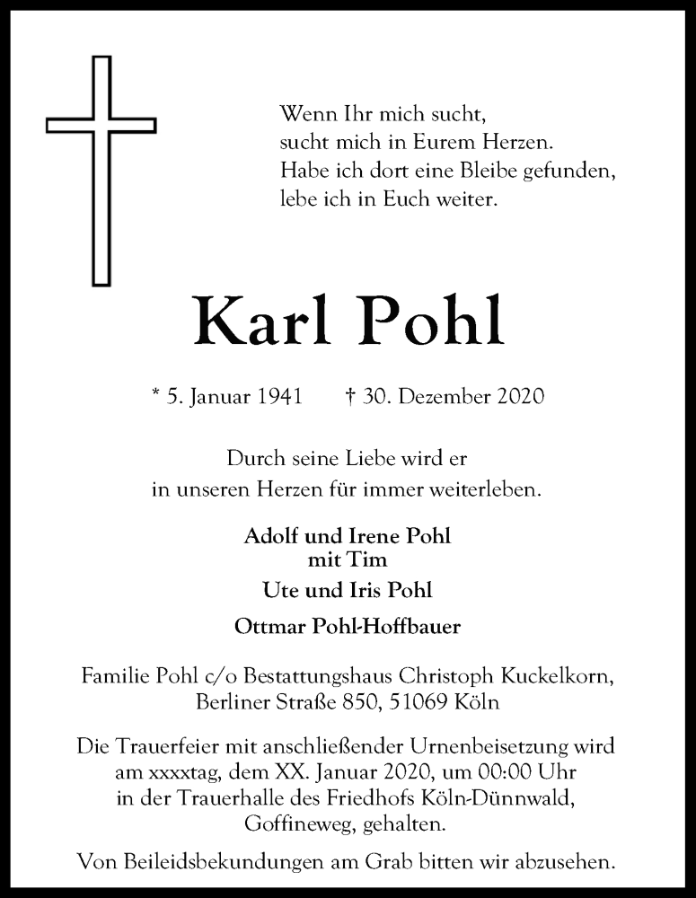  Traueranzeige für Karl Pohl vom 23.01.2021 aus Kölner Stadt-Anzeiger / Kölnische Rundschau / Express