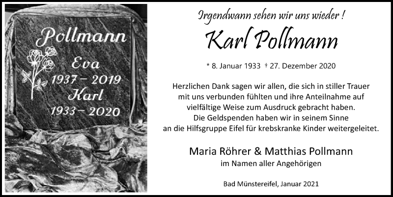  Traueranzeige für Karl Pollmann vom 30.01.2021 aus  Blickpunkt Euskirchen 