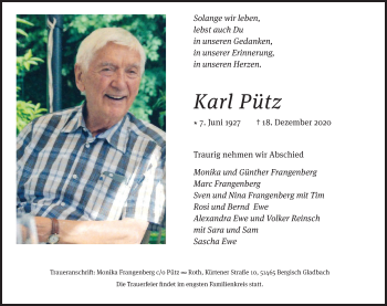 Anzeige von Karl Pütz von Kölner Stadt-Anzeiger / Kölnische Rundschau / Express