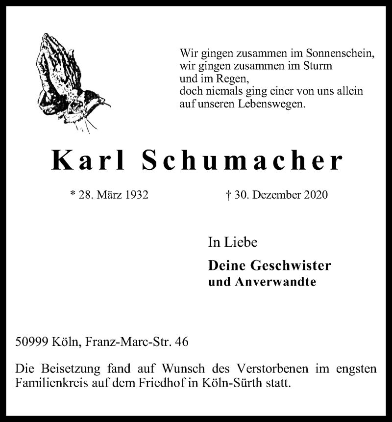  Traueranzeige für Karl Schumacher vom 09.01.2021 aus Kölner Stadt-Anzeiger / Kölnische Rundschau / Express