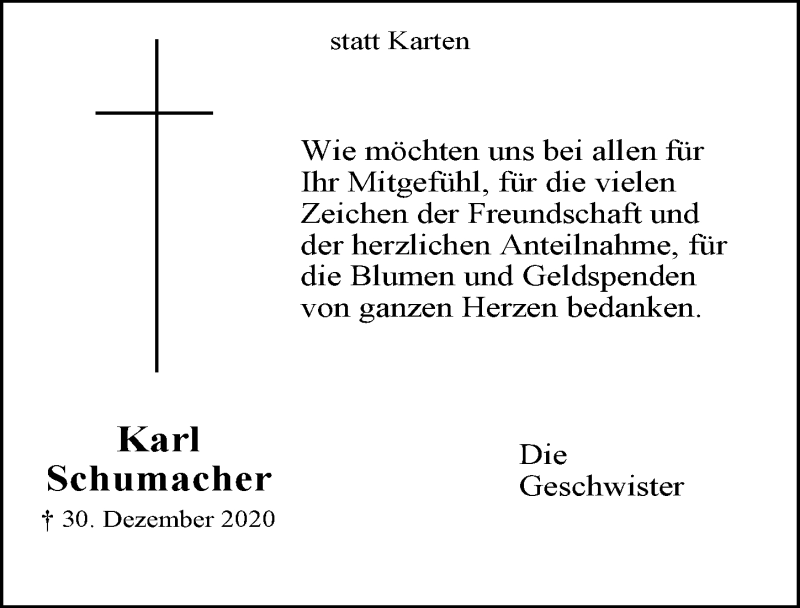  Traueranzeige für Karl Schumacher vom 29.01.2021 aus  Kölner Wochenspiegel 