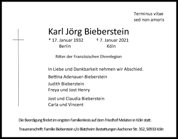 Anzeige von Karl Jörg Bieberstein von Kölner Stadt-Anzeiger / Kölnische Rundschau / Express