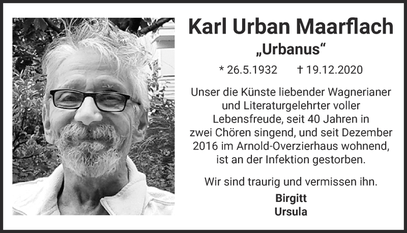  Traueranzeige für Karl Urban Maarflach vom 02.01.2021 aus  Kölner Wochenspiegel 