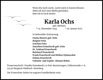Anzeige von Karla Ochs von Kölner Stadt-Anzeiger / Kölnische Rundschau / Express