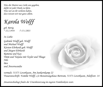 Anzeige von Karola Wolff von Kölner Stadt-Anzeiger / Kölnische Rundschau / Express