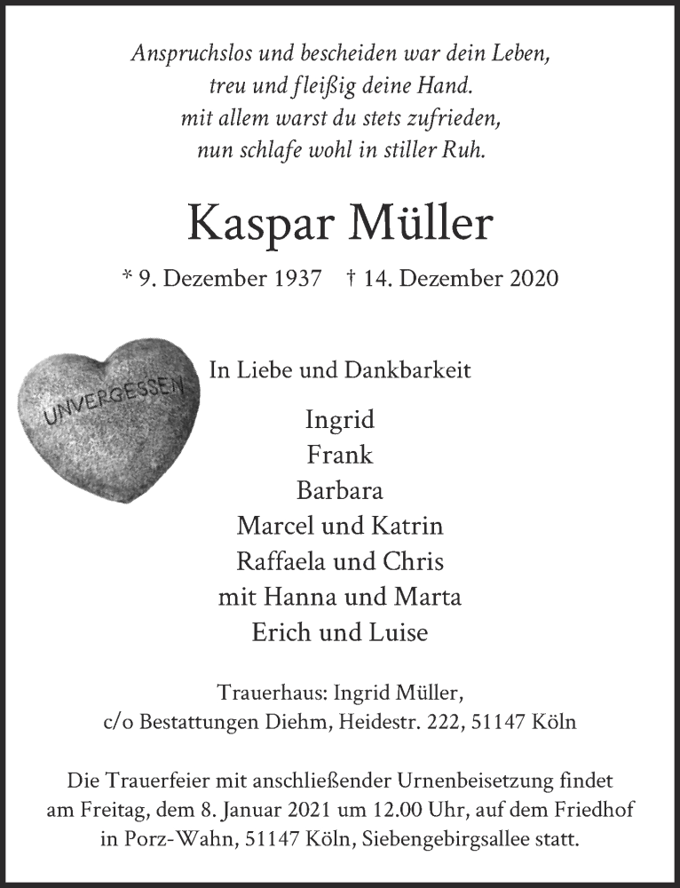  Traueranzeige für Kaspar Müller vom 02.01.2021 aus  Kölner Wochenspiegel 