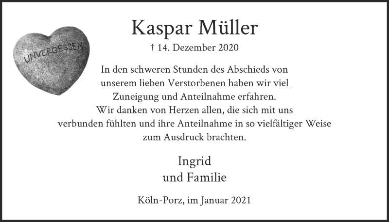  Traueranzeige für Kaspar Müller vom 22.01.2021 aus  Kölner Wochenspiegel 