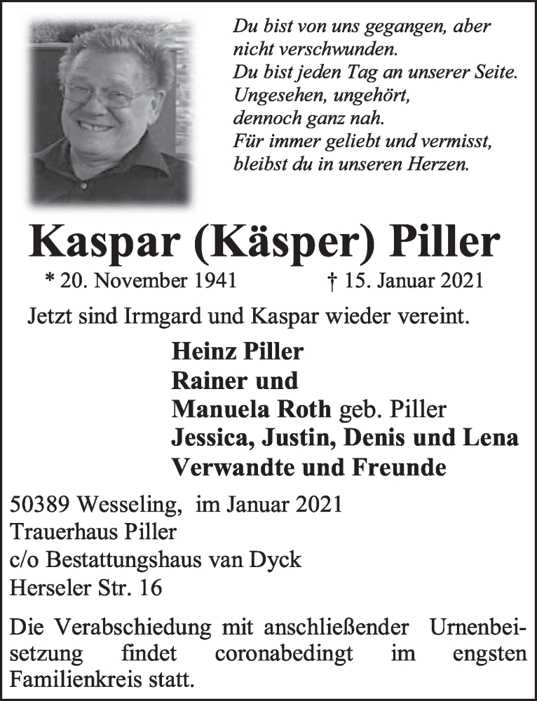  Traueranzeige für Kasper Piller vom 22.01.2021 aus  Schlossbote/Werbekurier 