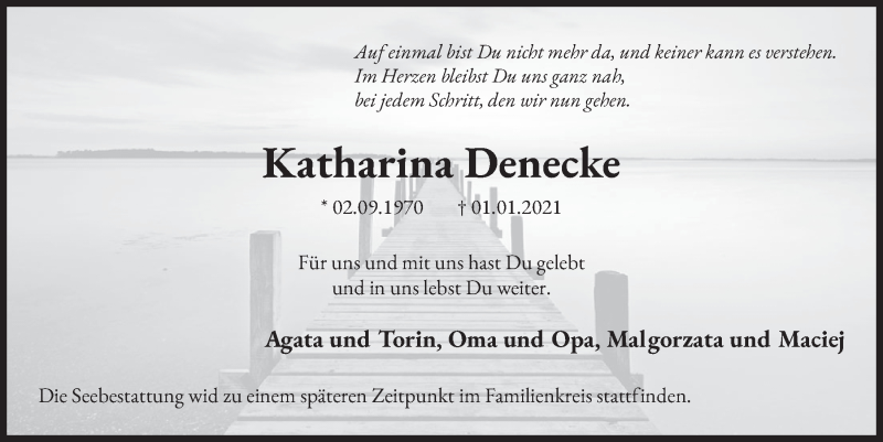  Traueranzeige für Katharina Denecke vom 22.01.2021 aus  Werbepost 