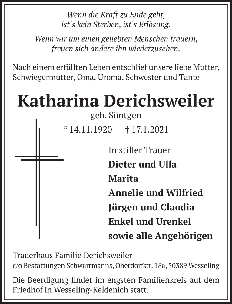  Traueranzeige für Katharina Derichsweiler vom 22.01.2021 aus  Schlossbote/Werbekurier 