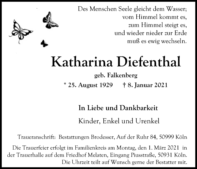  Traueranzeige für Katharina Diefenthal vom 16.01.2021 aus Kölner Stadt-Anzeiger / Kölnische Rundschau / Express