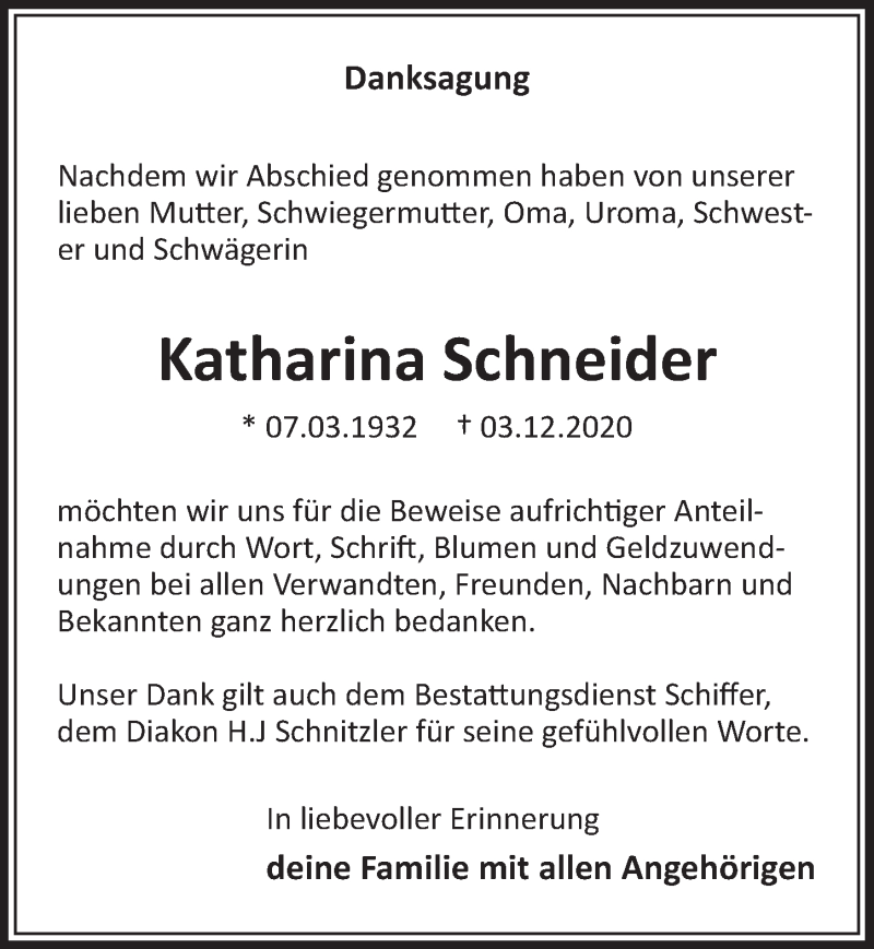  Traueranzeige für Katharina Schneider vom 15.01.2021 aus  Werbepost 
