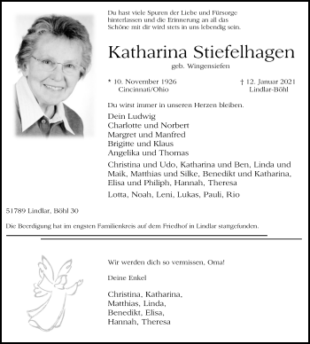 Anzeige von Katharina Stiefelhagen von Kölner Stadt-Anzeiger / Kölnische Rundschau / Express