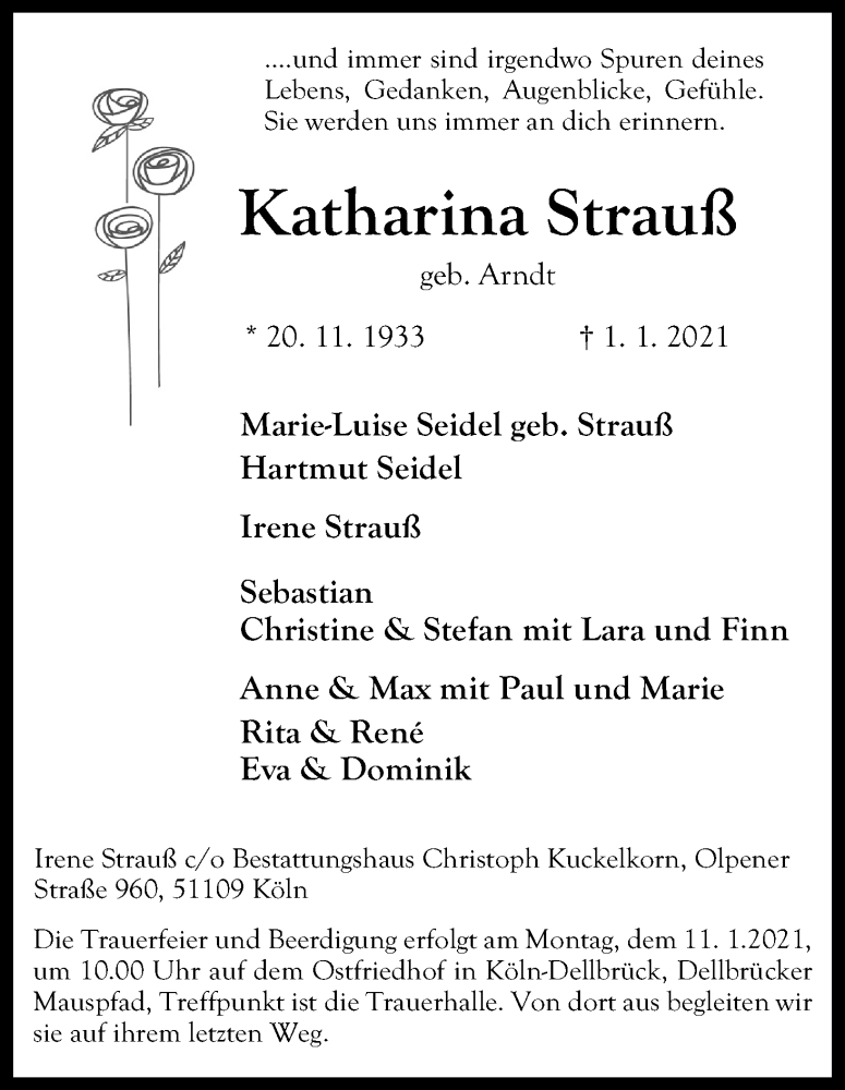  Traueranzeige für Katharina Strauß vom 06.01.2021 aus Kölner Stadt-Anzeiger / Kölnische Rundschau / Express