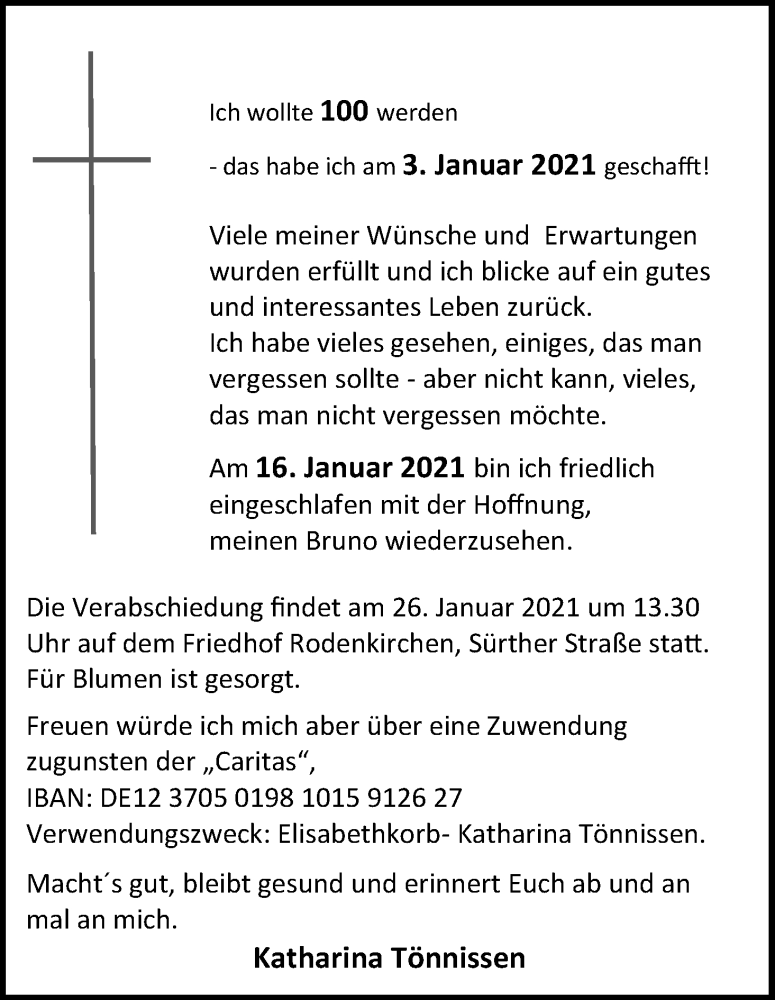  Traueranzeige für Katharina Tönnissen vom 23.01.2021 aus Kölner Stadt-Anzeiger / Kölnische Rundschau / Express