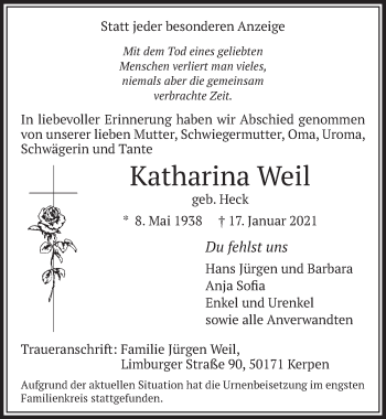 Anzeige von Katharina Weil von  Wochenende 