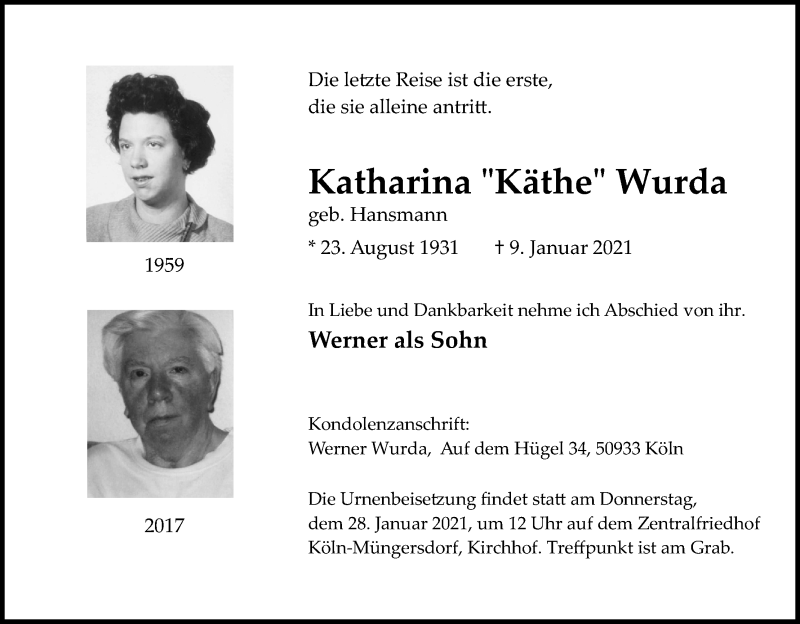  Traueranzeige für Katharina  Wurda vom 23.01.2021 aus Kölner Stadt-Anzeiger / Kölnische Rundschau / Express