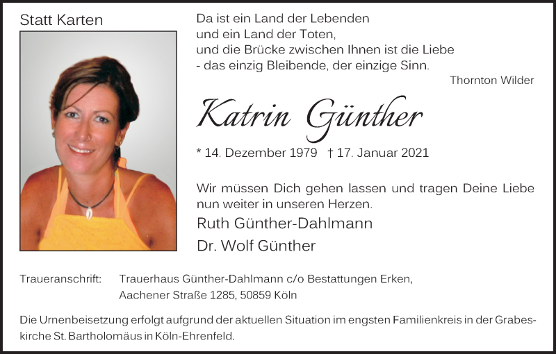 Traueranzeige für Katrin Günther vom 23.01.2021 aus Kölner Stadt-Anzeiger / Kölnische Rundschau / Express