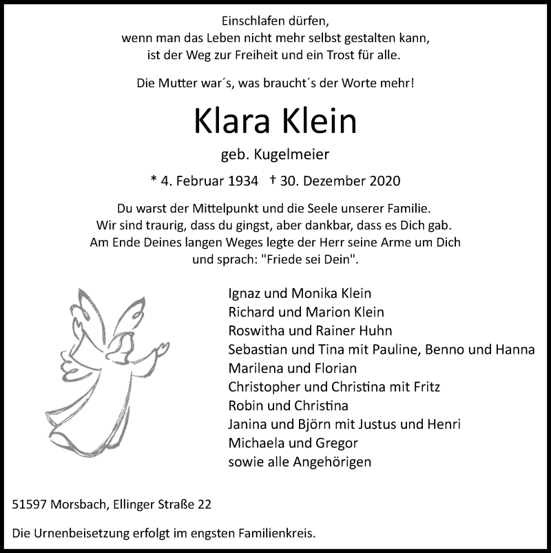  Traueranzeige für Klara Klein vom 08.01.2021 aus  Lokalanzeiger 