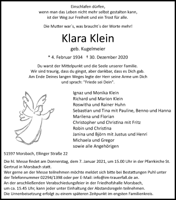 Anzeige von Klara Klein von Kölner Stadt-Anzeiger / Kölnische Rundschau / Express