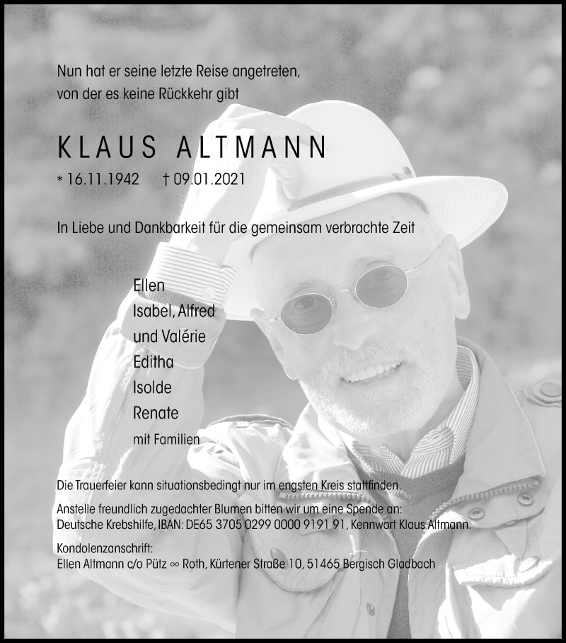  Traueranzeige für Klaus Altmann vom 23.01.2021 aus Kölner Stadt-Anzeiger / Kölnische Rundschau / Express
