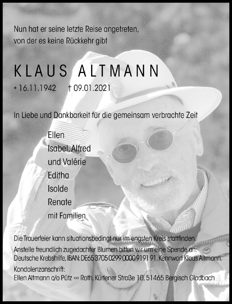  Traueranzeige für Klaus Altmann vom 22.01.2021 aus  Bergisches Handelsblatt 