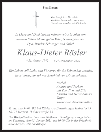Anzeige von Klaus-Dieter Rösler von  Werbepost 