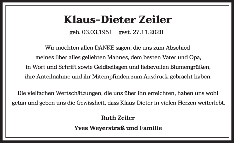  Traueranzeige für Klaus-Dieter Zeiler vom 15.01.2021 aus  Werbepost 