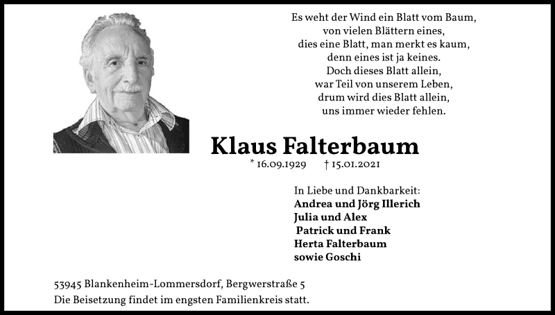  Traueranzeige für Klaus Falterbaum vom 23.01.2021 aus Kölner Stadt-Anzeiger / Kölnische Rundschau / Express