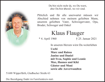 Anzeige von Klaus Flauger von Kölner Stadt-Anzeiger / Kölnische Rundschau / Express