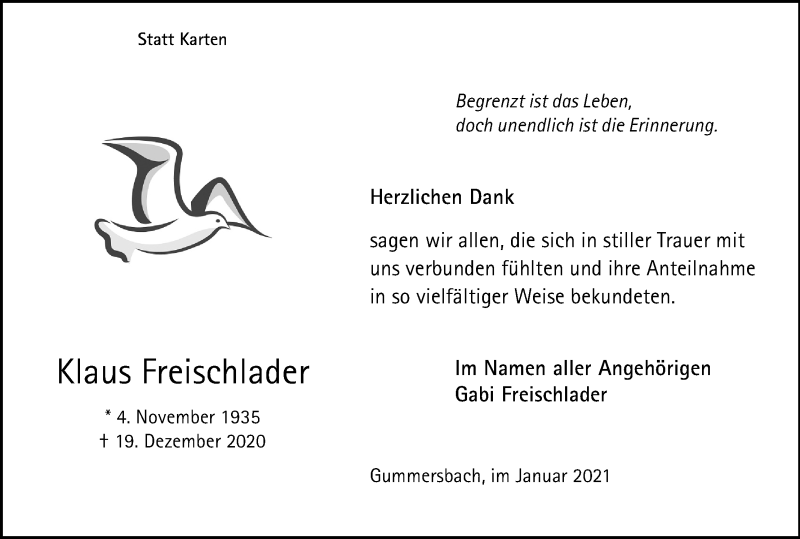  Traueranzeige für Klaus Freischlader vom 23.01.2021 aus Kölner Stadt-Anzeiger / Kölnische Rundschau / Express