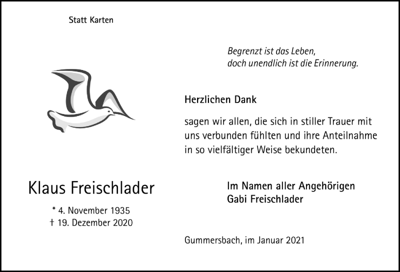  Traueranzeige für Klaus Freischlader vom 22.01.2021 aus  Anzeigen Echo 