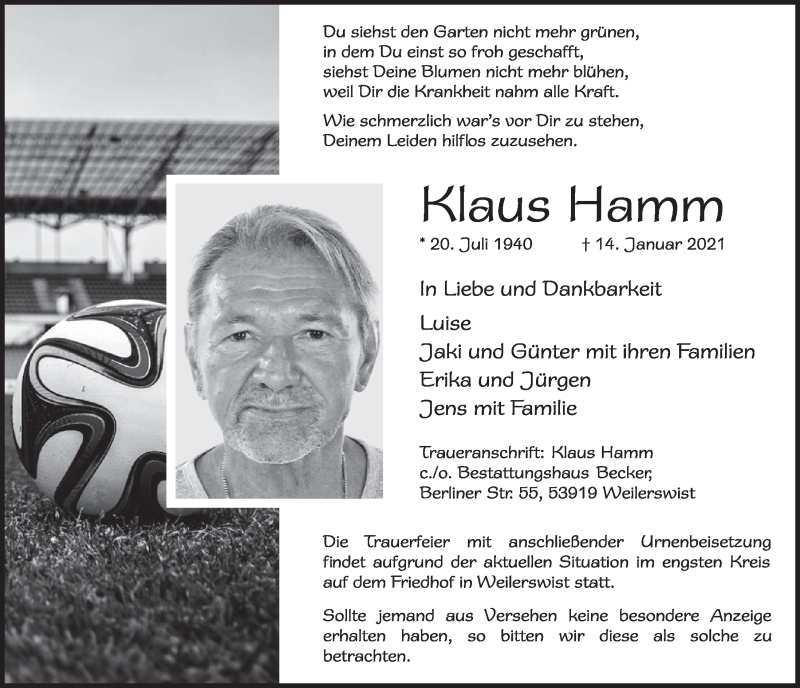  Traueranzeige für Klaus Hamm vom 23.01.2021 aus  Blickpunkt Euskirchen 