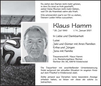 Anzeige von Klaus Hamm von  Blickpunkt Euskirchen 