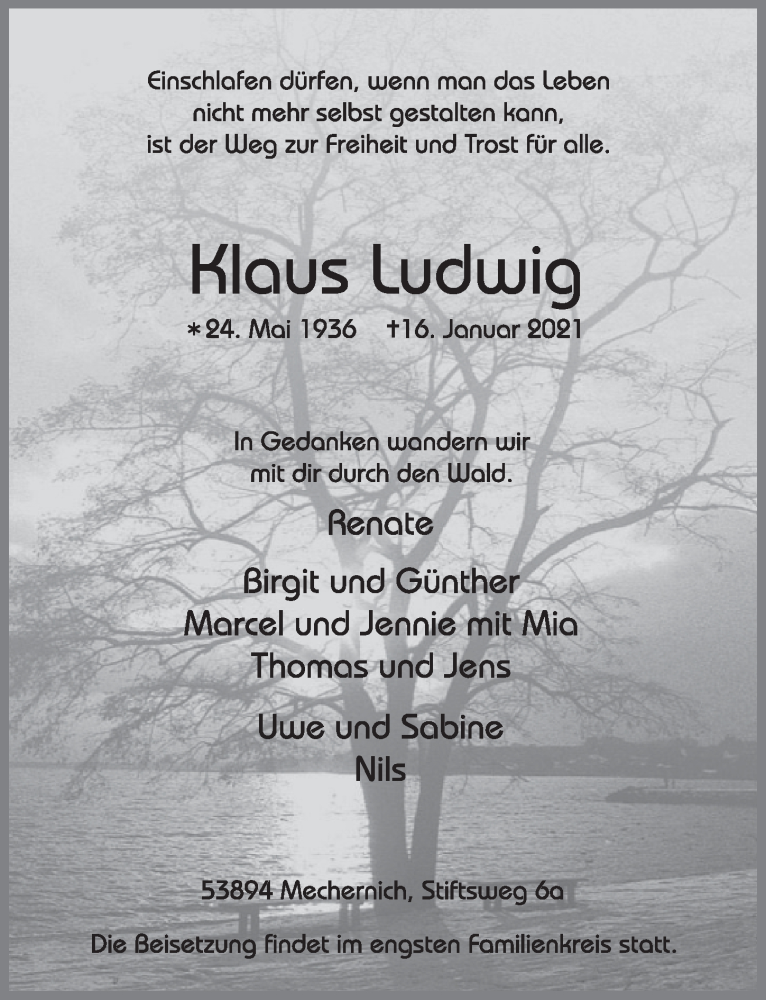  Traueranzeige für Klaus Ludwig vom 23.01.2021 aus  Schlossbote/Werbekurier 